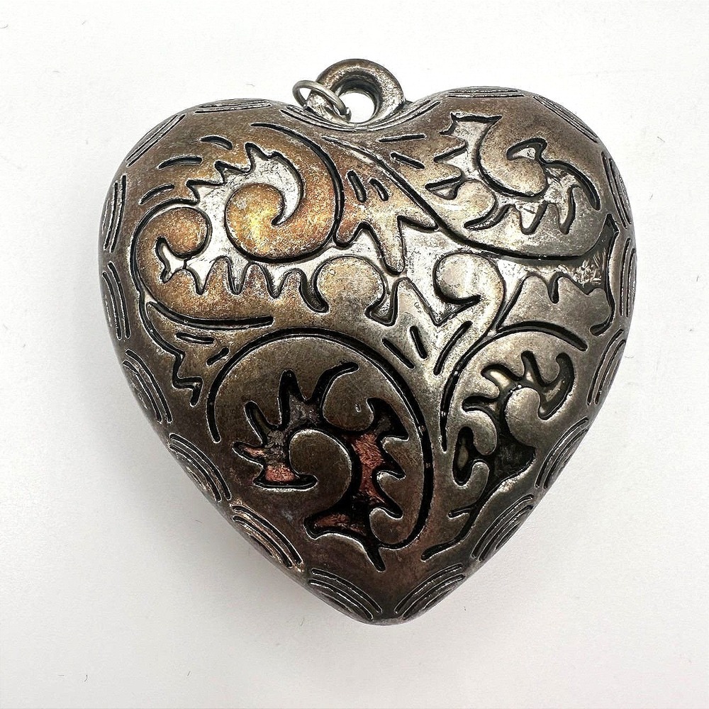 Vintage 80s Puffy Heart SilverTone Pendant Ornate Scroll Filigree Etched Jewelry